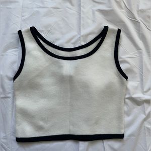 un deux trois white knit tank top with black trim, cropped